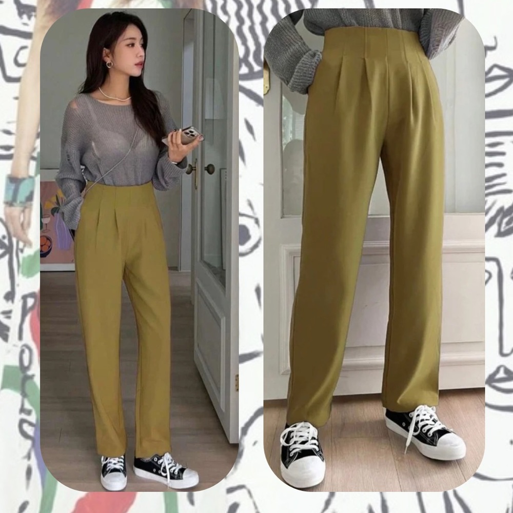 DAZY olive green high waist straight leg pants with pilcated detail - Sz Small